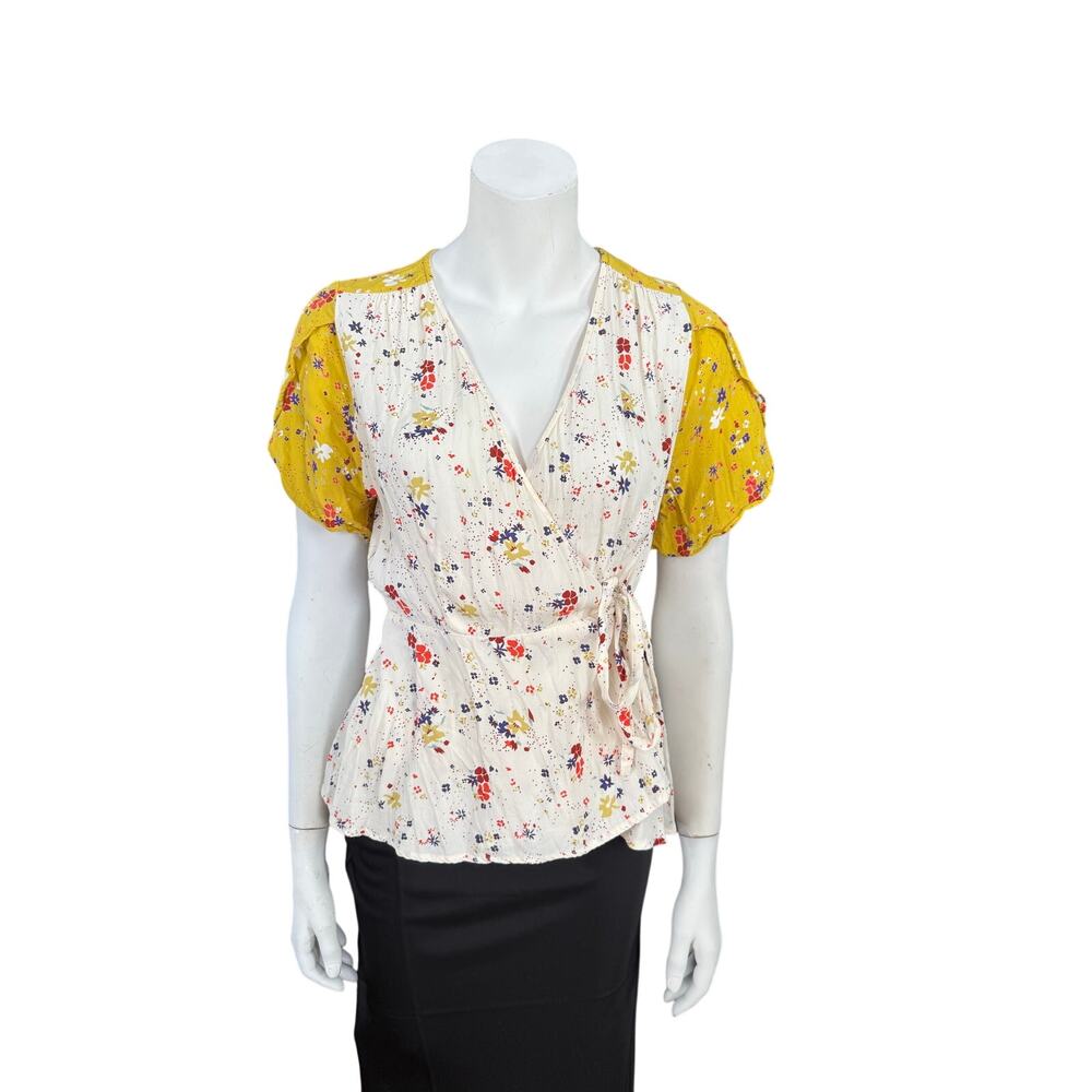 Meadow Rue by Anthropologie Blouse Women's 14 Floral Short Sleeve Wrap